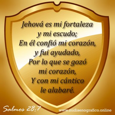Salmos 28:7 Salmos 28:7 Jehová es mi fortaleza y mi escudo; En él confió mi corazón, y fui ayudado, Por lo que se gozó mi corazón, Y con mi cántico le alabaré.
