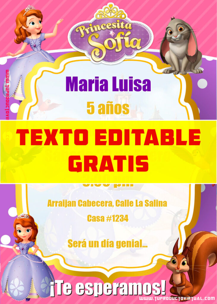 invitación de La Princesita Sofía para editar online gratis