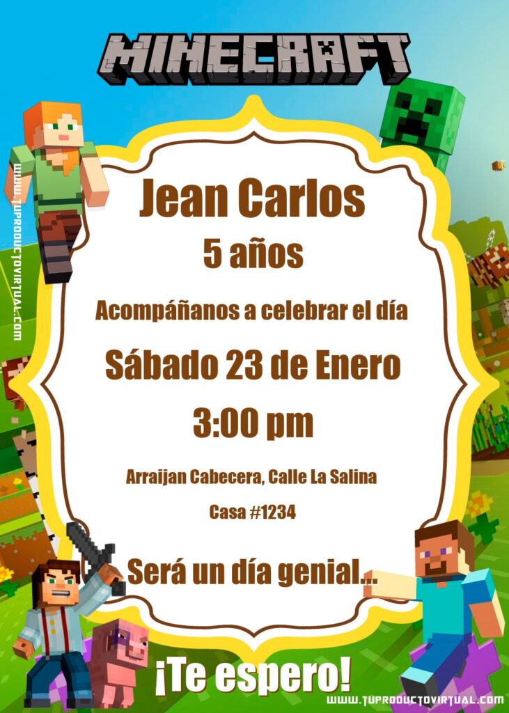 Invitación Digital Tarjeta De Cumpleaños Minecraft