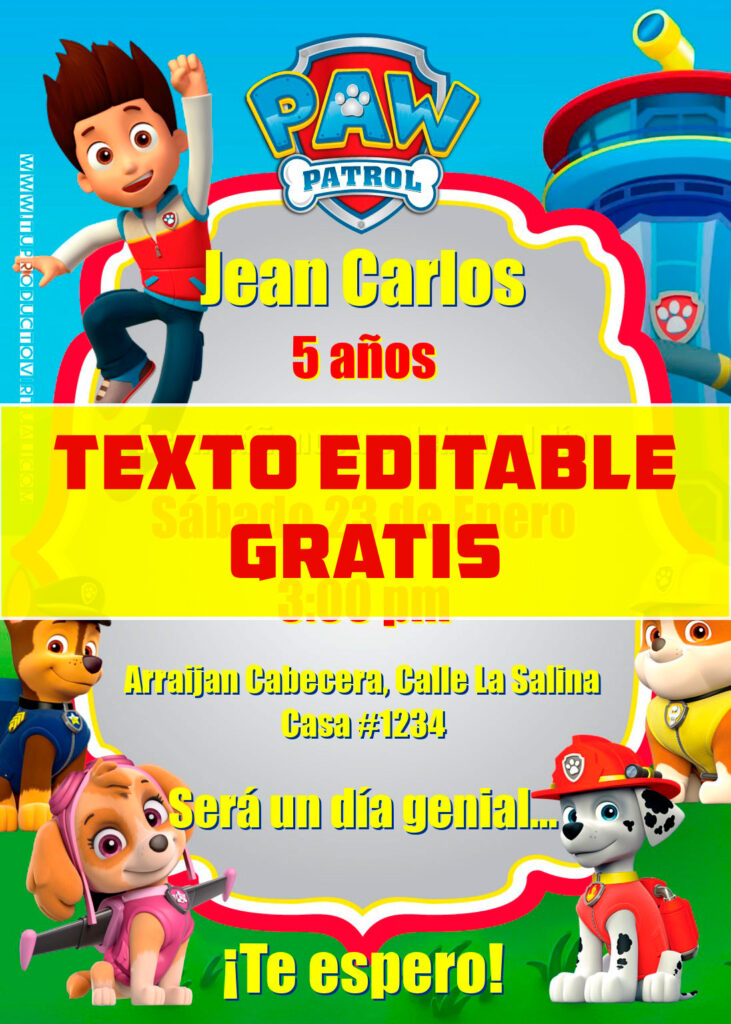 invitaciones digitales gratis de Paw Patrol editable